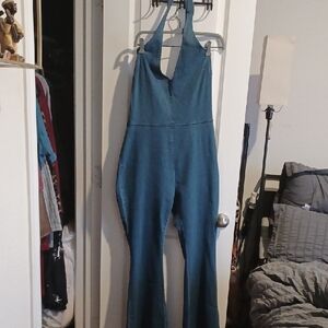 SHEIN Halter Denim Jumpsuit in Blue